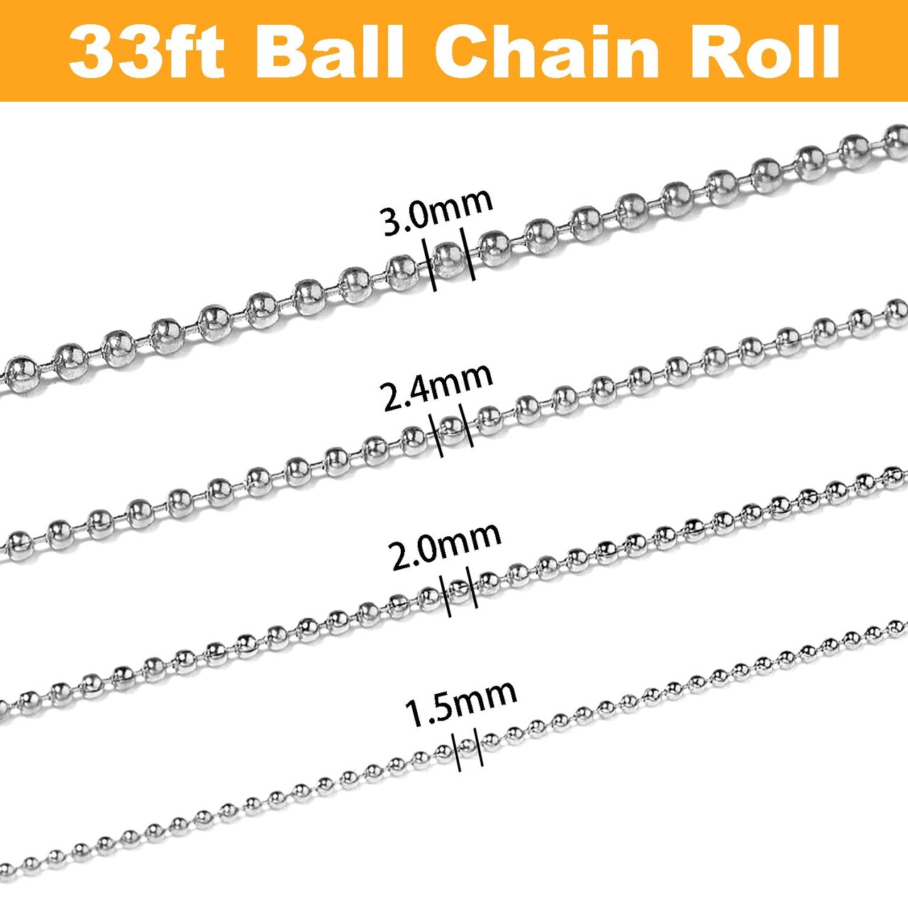 33 FT Steel Ball Chain Bead Dog Tag Chain Beaded Necklace Chains for Jewelry Making Bracelet Military Crafts, Silver Metal Pull Chain Small Ball Bead Chain Roll w/20 Connectors (Silver, 1.5mm)